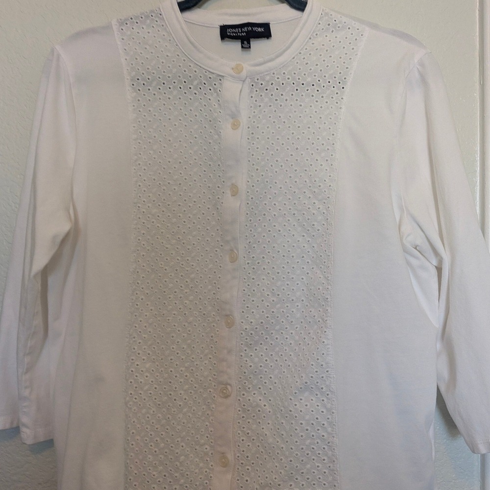 Jones New York Signature White Eyelet Button Front Top 3/4 Sleeve Womens XL